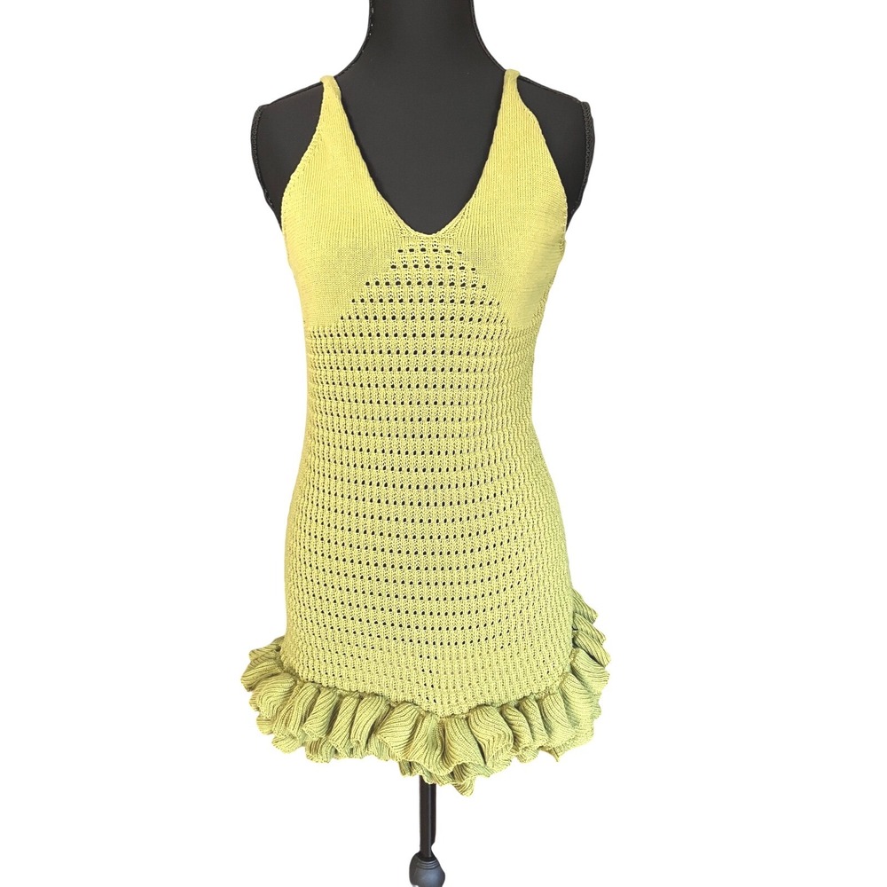 Yellow Green Crochet Mini Sun Dress‎ Ruffle Size L Sexy Club
